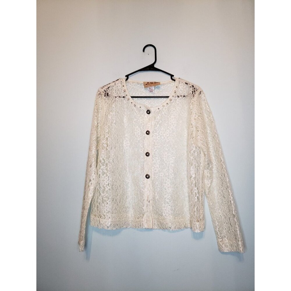 New Frontier Womens L Floral Lace Cardigan Top Button Long Sleeve Cream Western